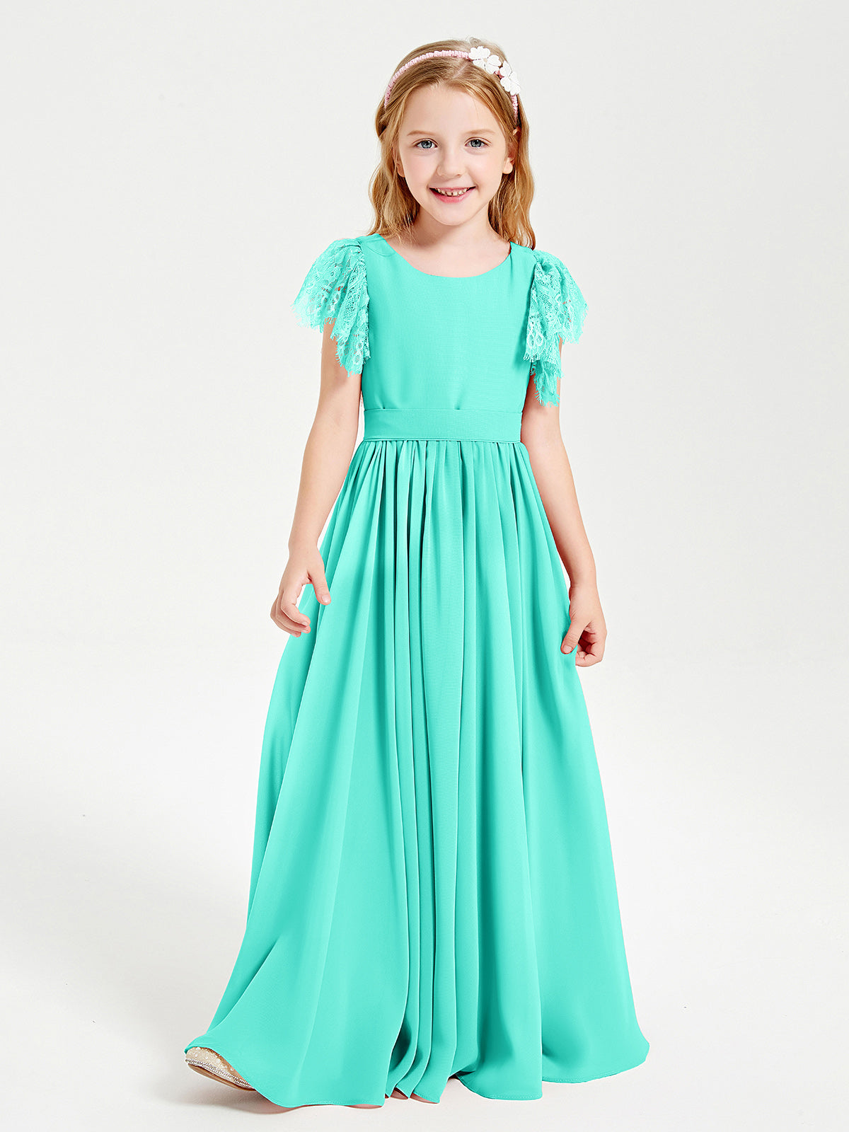 Chiffon Junior Bridesmaid Dresses with Lace Flutter Sleeves Spa